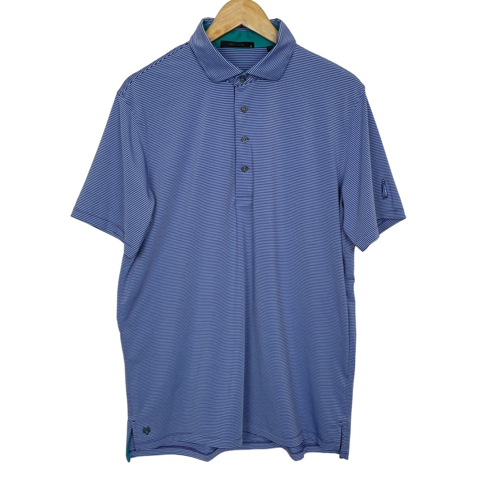 Greyson Mens Blue Micro Stripe Golf Polo Shirt Size L Lighthouse Logo Resortwear